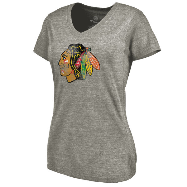 Chicago Blackhawks Women's Distressed Team Logo Tri Blend V Neck T-Shirt Ash - Click Image to Close