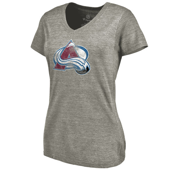 Colorado Avalanche Women's Distressed Team Logo Tri Blend V Neck T-Shirt Ash