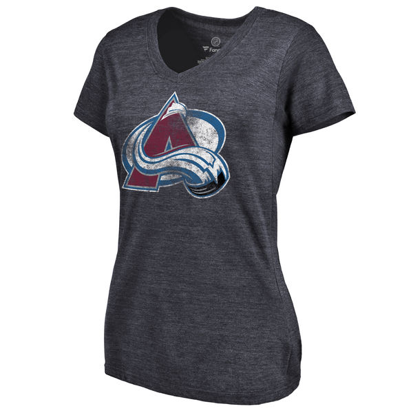 Colorado Avalanche Women's Distressed Team Primary Logo Tri Blend T-Shirt Navy - Click Image to Close