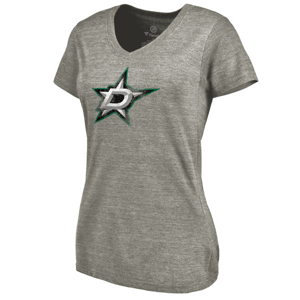 Dallas Stars Women's Distressed Team Logo Tri Blend V Neck T-Shirt Ash