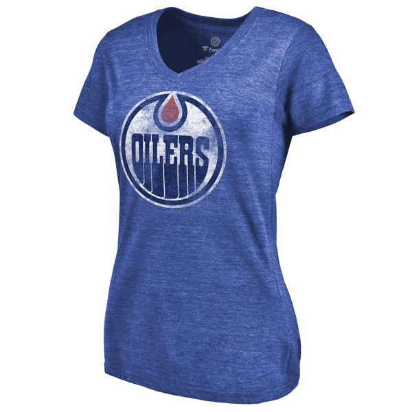 Edmonton Oilers Women's Distressed Team Primary Logo Tri Blend T-Shirt Royal - Click Image to Close