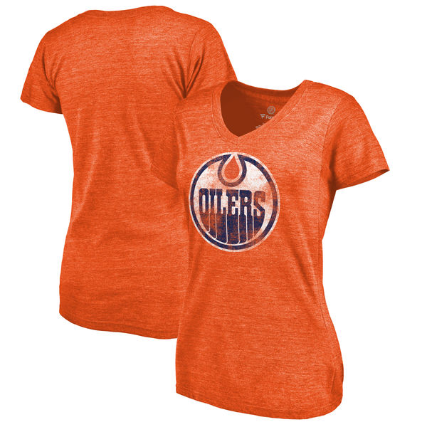 Edmonton Oilers Women's Distressed Team Primary Logo V Neck Tri Blend T-Shirt Orange