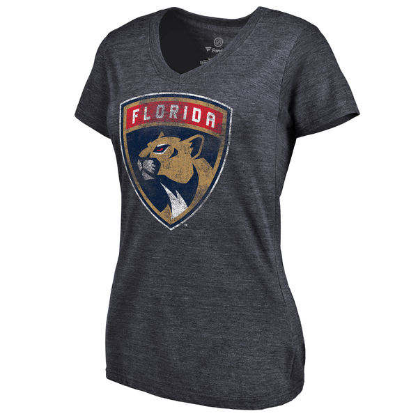 Florida Panthers Women's Distressed Team Primary Logo V Neck Tri Blend T-Shirt Navy - Click Image to Close