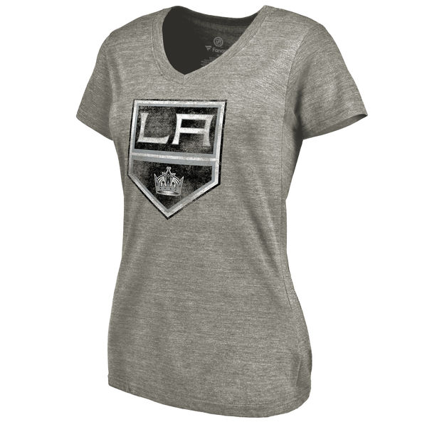Los Angeles Kings Women's Distressed Team Logo Tri Blend V Neck T-Shirt Ash