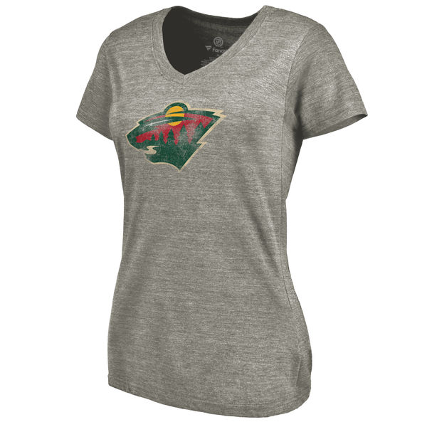 Minnesota Wild Women's Distressed Team Logo Tri Blend V Neck T-Shirt Ash