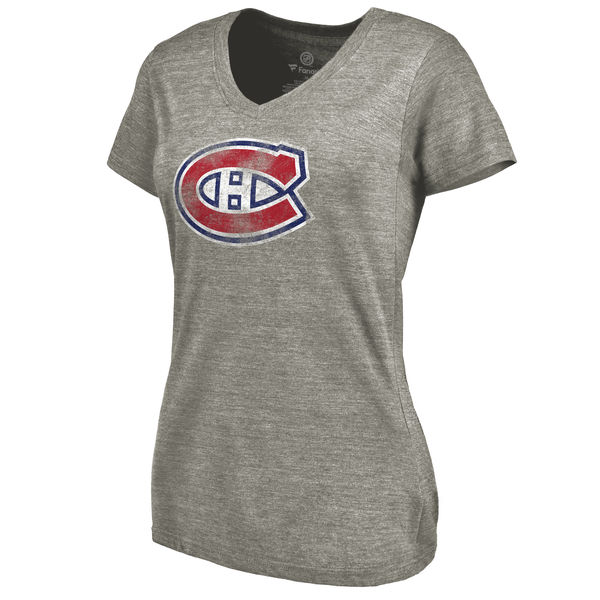 Montreal Canadiens Women's Distressed Team Logo Tri Blend V Neck T-Shirt Ash - Click Image to Close