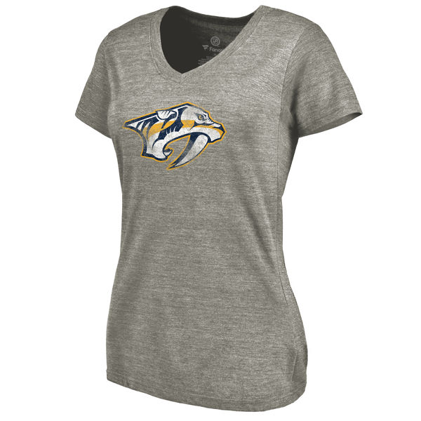 Nashville Predators Women's Distressed Team Logo Tri Blend V Neck T-Shirt Ash - Click Image to Close
