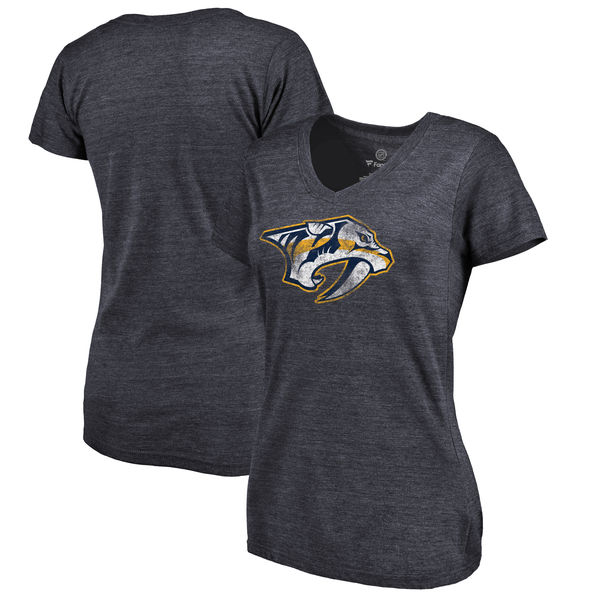 Nashville Predators Women's Distressed Team Primary Logo Tri Blend T-Shirt Navy - Click Image to Close