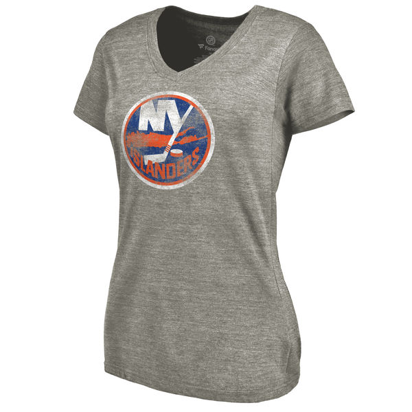New York Islanders Women's Distressed Team Logo Tri Blend V Neck T-Shirt Ash
