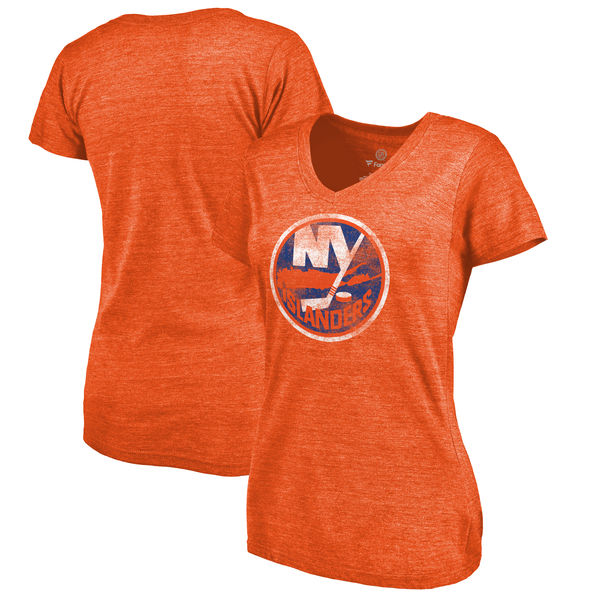 New York Islanders Women's Distressed Team Primary Logo V Neck Tri Blend T-Shirt Orange