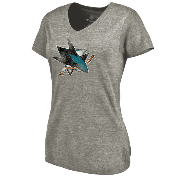 San Jose Sharks Women's Distressed Team Logo Tri Blend V Neck T-Shirt Ash