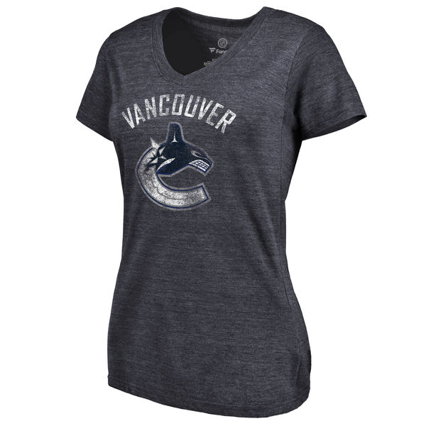 Vancouver Canucks Women's Distressed Team Primary Logo V Neck Tri Blend T-Shirt Navy