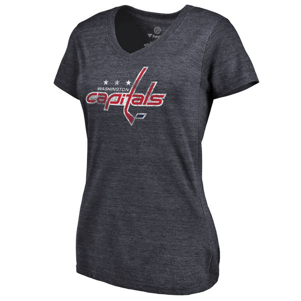 Washington Capitals Women's Distressed Team Primary Logo V Neck Tri Blend T-Shirt Navy