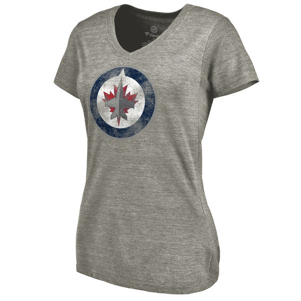 Winnipeg Jets Women's Distressed Team Logo Tri Blend V Neck T-Shirt Ash