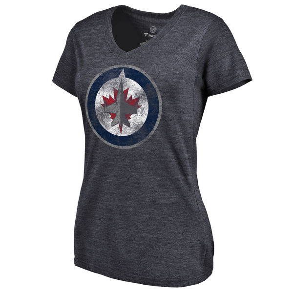 Winnipeg Jets Women's Distressed Team Primary Logo Tri Blend T-Shirt Navy