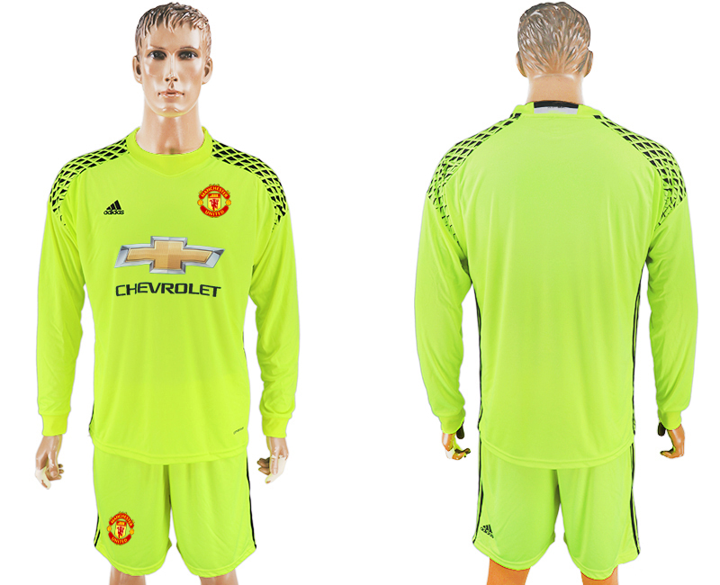 2017-18 Manchester United Fluorescent Green Goalkeeper Long Sleeve Soccer Jersey