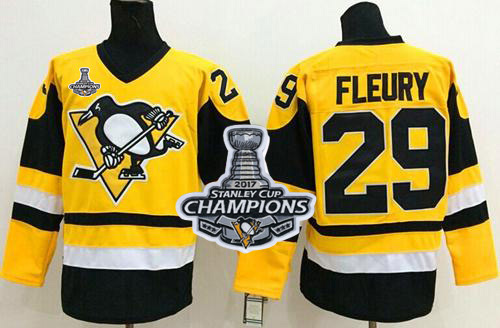 Penguins 29 Andre Fleury Yellow Throwback 2017 Stanley Cup Finals Champions Stitched Reebok Jersey