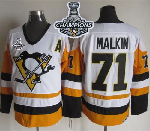 Penguins 71 Evgeni Malkin White Black CCM Throwback 2017 Stanley Cup Finals Champions Stitched NHL Jersey