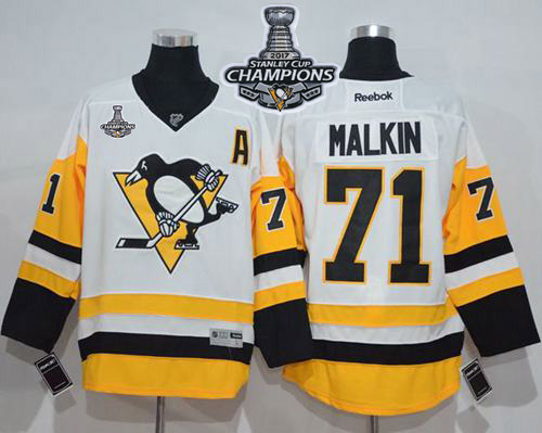 Penguins 71 Evgeni Malkin White New Away 2017 Stanley Cup Finals Champions Stitched Reebok Jersey