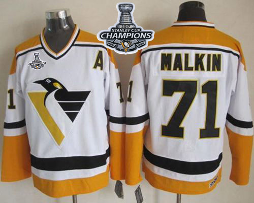 Penguins 71 Evgeni Malkin White Yellow CCM Throwback 2017 Stanley Cup Finals Champions Stitched Reebok Jersey