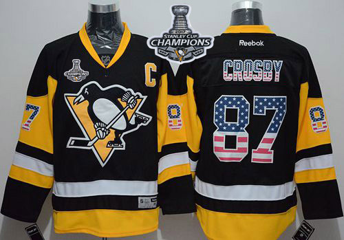 Penguins 87 Sidney Crosby Black Alternate USA Flag Fashion 2017 Stanley Cup Finals Champions Stitched Reebok Jersey