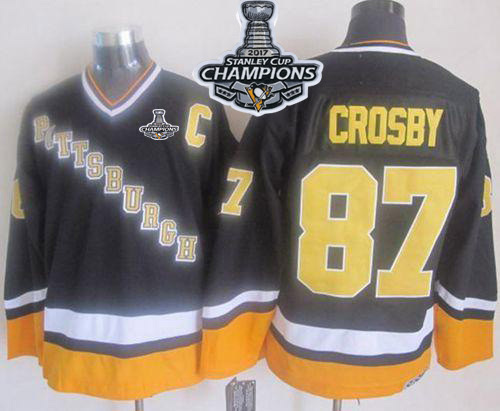 Penguins 87 Sidney Crosby Black Yellow CCM Throwback 2017 Stanley Cup Finals Champions Stitched Reebok Jersey