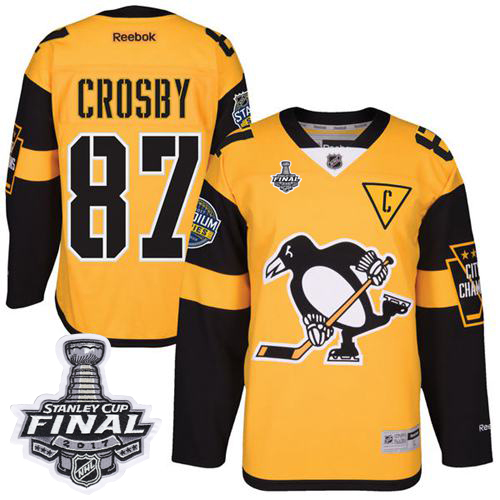 Penguins 87 Sidney Crosby Gold 2017 Stadium Series Stanley Cup Finals Champions Stitched Reebok Jersey