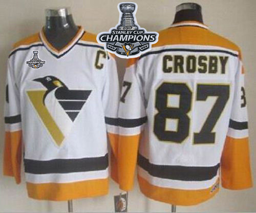 Penguins 87 Sidney Crosby White Yellow CCM Throwback 2017 Stanley Cup Finals Champions Stitched Reebok Jersey