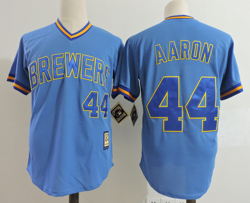 Brewers 44 Hank Aaron Blue Cooperstown Collection Jersey - Click Image to Close