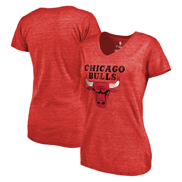 Chicago Bulls Women's Distressed Team Primary Logo Slim Fit Tri Blend T-Shirt Red - Click Image to Close