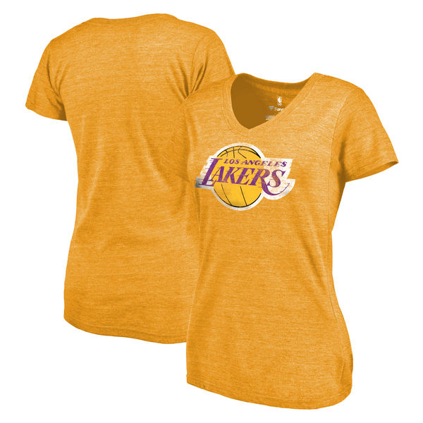 Los Angeles Lakers Women's Distressed Team Primary Logo Slim Fit Tri Blend T-Shirt Gold
