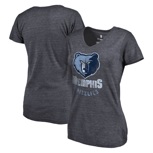 Memphis Grizzlies Women's Distressed Team Primary Logo Slim Fit Tri Blend T-Shirt Navy - Click Image to Close