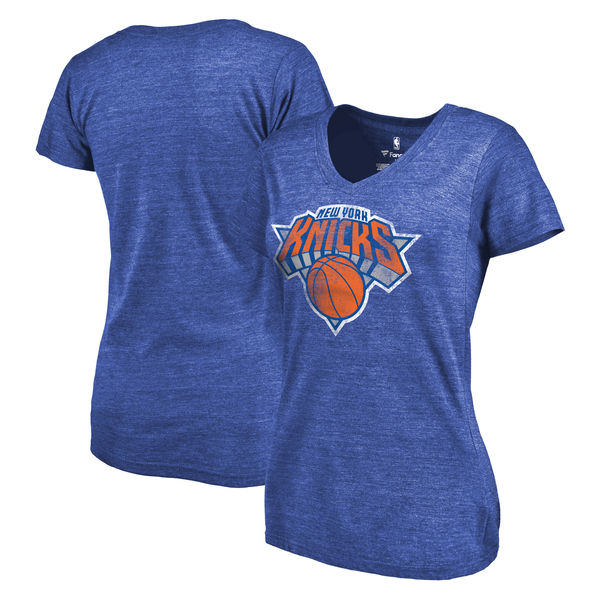 New York Knicks Women's Distressed Team Primary Logo Slim Fit Tri Blend T-Shirt Royal