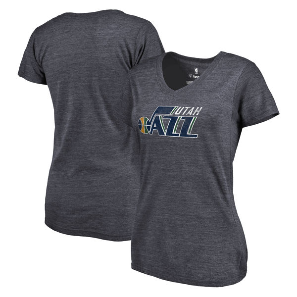 Utah Jazz Women's Distressed Team Primary Logo Slim Fit Tri Blend T-Shirt Navy - Click Image to Close