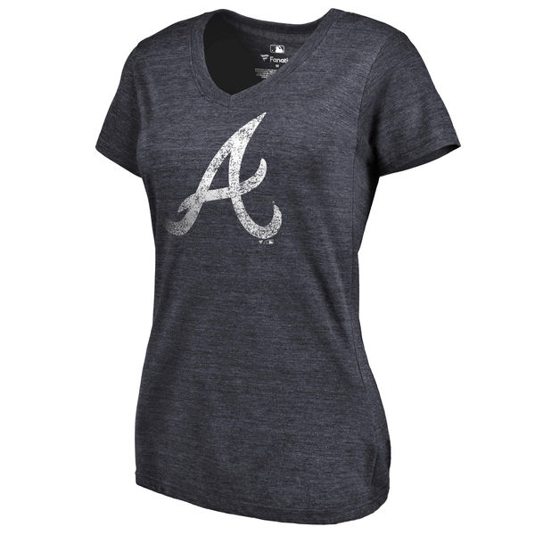 Atlanta Braves Fanatics Branded Women's Primary Distressed Team Tri Blend V Neck T-Shirt Heathered Navy