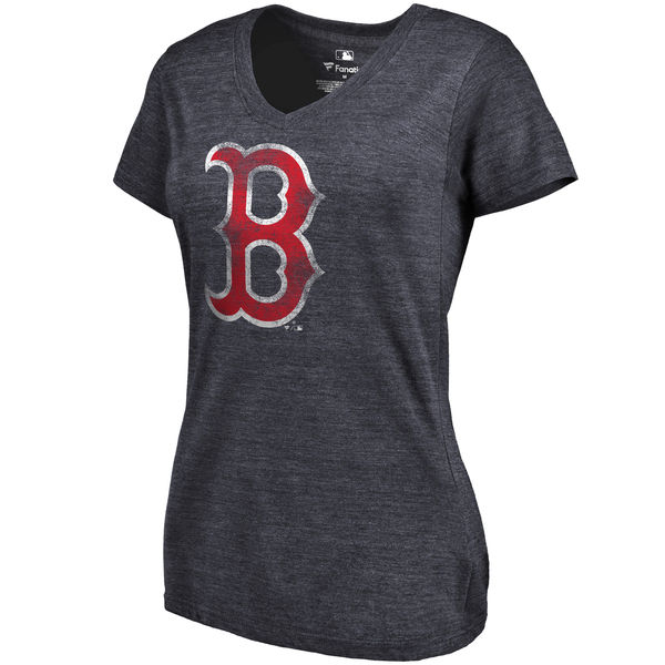 Boston Red Sox Fanatics Branded Women's Primary Distressed Team Tri Blend V Neck T-Shirt Heathered Navy