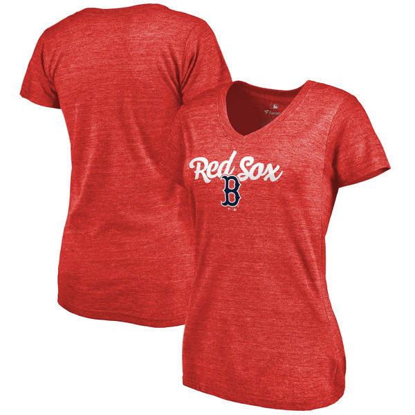 Boston Red Sox Women's Freehand V Neck Slim Fit Tri Blend T-Shirt Red - Click Image to Close