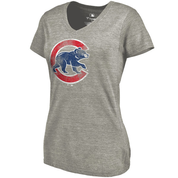 Chicago Cubs Fanatics Branded Women's Primary Distressed Team Tri Blend V Neck T-Shirt Heathered Gray