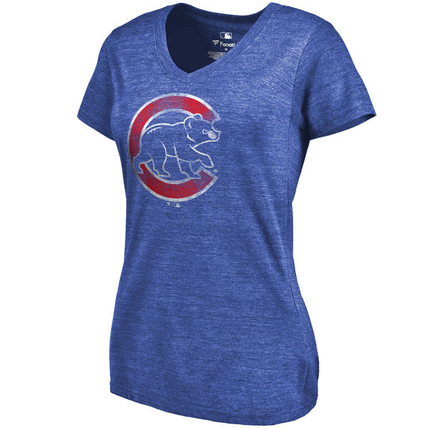 Chicago Cubs Fanatics Branded Women's Primary Distressed Team Tri Blend V Neck T-Shirt Heathered Royal