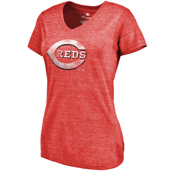 Cincinnati Reds Fanatics Branded Women's Primary Distressed Team Tri Blend V Neck T-Shirt Heathered Red