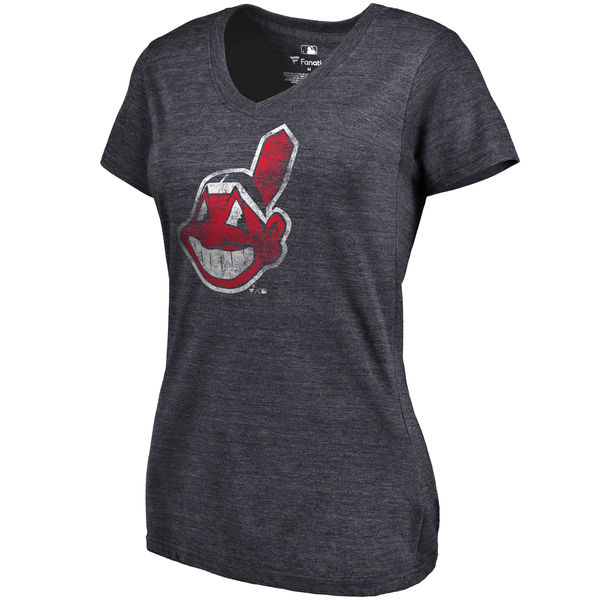 Cleveland Indians Fanatics Branded Women's Primary Distressed Team Tri Blend V Neck T-Shirt Heathered Navy