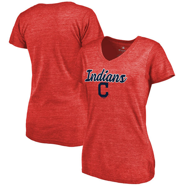 Cleveland Indians Women's Freehand V Neck Slim Fit Tri Blend T-Shirt Red - Click Image to Close