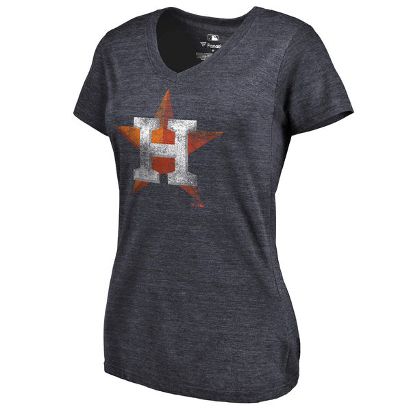 Houston Astros Fanatics Branded Women's Primary Distressed Team Tri Blend V Neck T-Shirt Heathered Navy