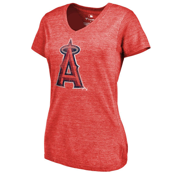 Los Angeles Angels of Anaheim Fanatics Branded Women's Primary Distressed Team Tri Blend V Neck T-Shirt Heathered Red