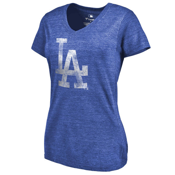 Los Angeles Dodgers Fanatics Branded Women's Primary Distressed Team Tri Blend V Neck T-Shirt Heathered Royal