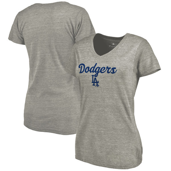 Los Angeles Dodgers Women's Freehand V Neck Slim Fit Tri Blend T-Shirt Ash - Click Image to Close