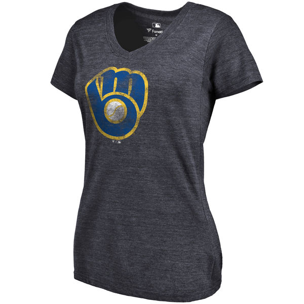 Milwaukee Brewers Fanatics Branded Women's Primary Distressed Team Tri Blend V Neck T-Shirt Heathered Navy - Click Image to Close