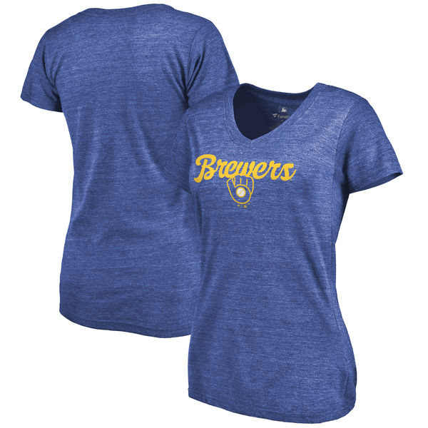 Milwaukee Brewers Women's Freehand V Neck Slim Fit Tri Blend T-Shirt Royal - Click Image to Close
