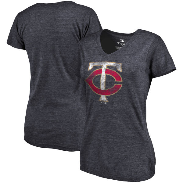 Minnesota Twins Fanatics Branded Women's Primary Distressed Team Tri Blend V Neck T-Shirt Heathered Navy