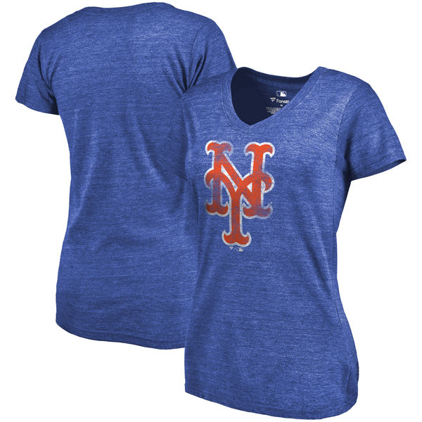 New York Mets Fanatics Branded Women's Primary Distressed Team Tri Blend V Neck T-Shirt Heathered Royal